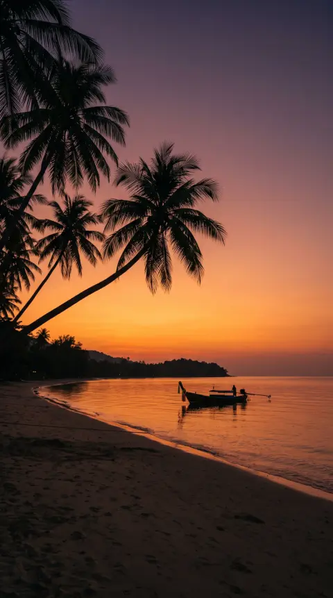 Phone wallpaper of coconut palm silhouettes leaning over a calm Thai island beach at dusk, a single longtail boat on sti