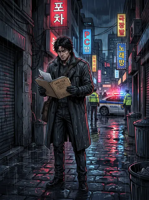Webtoon thriller: a detective in a trench coat standing in a rainy Seoul alley at night, holding a case file, red and bl