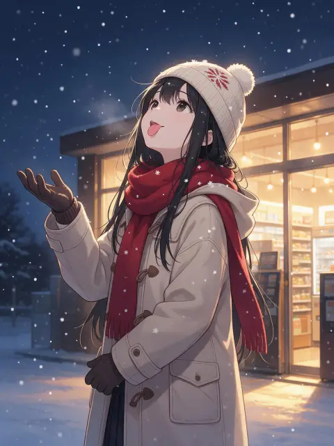 Anime girl in a winter coat and red scarf catching snowflakes on her tongue in front of a glowing convenience store at n