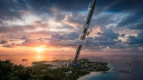 Space elevator rising from a tropical island into the clouds, cargo pods moving up the tether, ocean and sunset, plausib