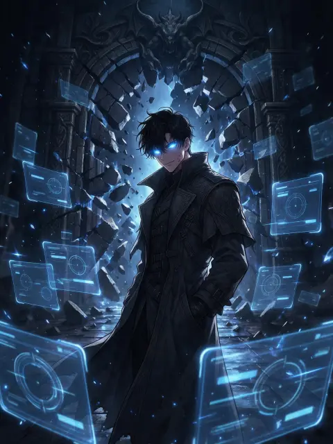 Webtoon fantasy scene of a regressor hero in a dark coat surrounded by floating blue system windows without text, glowin