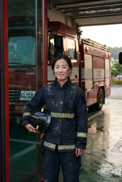 Korean firefighter in her thirties after a shift, soot smudge on her cheek, helmet under her arm, fire station bay behin