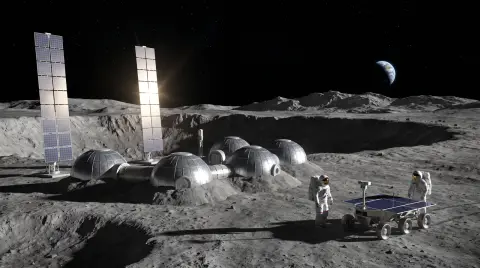 Photoreal lunar base at the moon's south pole, solar towers, pressurized modules partly buried in regolith, earth low on