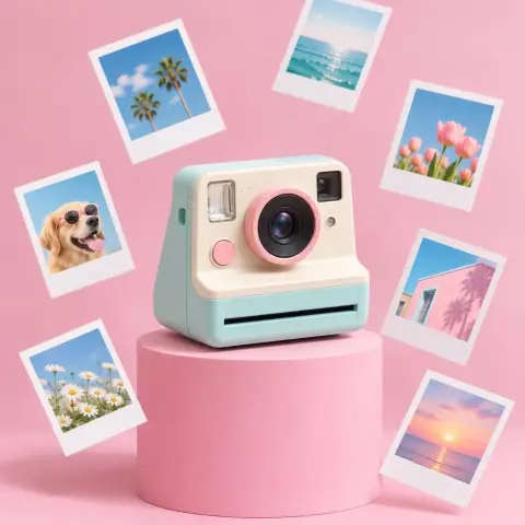 Pastel retro instant camera on a pink pedestal surrounded by floating instant photos with no text, playful product shot,