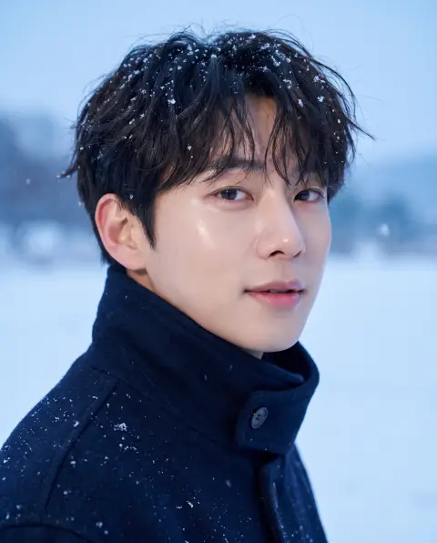 Winter grooming campaign close-up of a young Korean man with clear dewy skin and tousled hair dusted with snowflakes, na