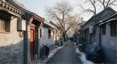 A hutong in Beijing in winter, cinematic street photography