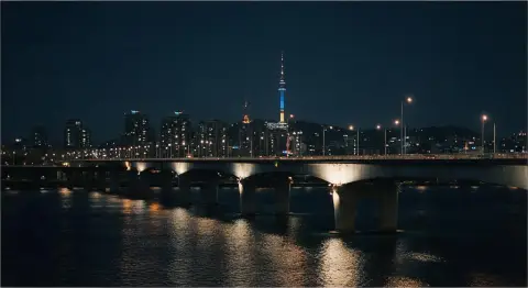 A Seoul Han river bridge at night, cinematic street photography