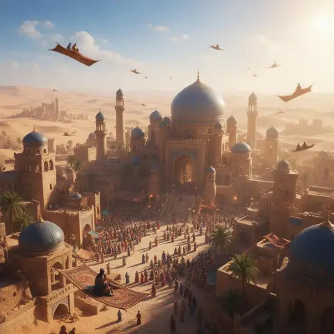 A desert city with flying carpets, epic fantasy digital painting, cinematic light