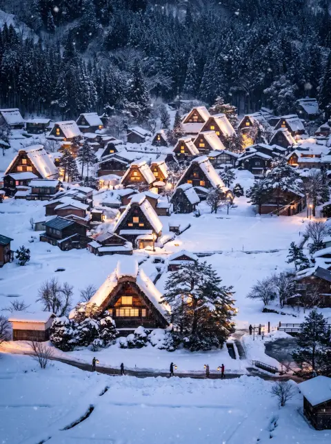 Shirakawa-go gassho-zukuri farmhouses covered in deep snow at night, warm lights glowing from the windows, falling snow,