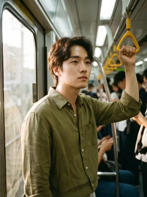 Portrait of a young Korean man wearing a linen shirt in a subway platform, soft window light, analog film photo, Kodak P