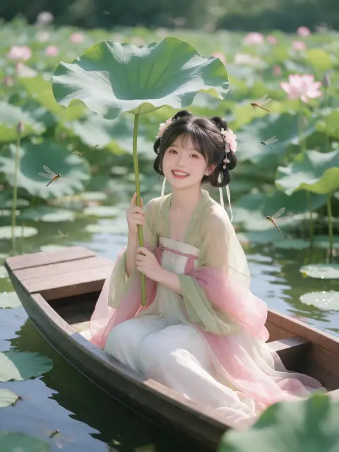 Hanfu girl on a wooden boat drifting through a lotus pond in summer, holding a huge lotus leaf as an umbrella, dragonfli