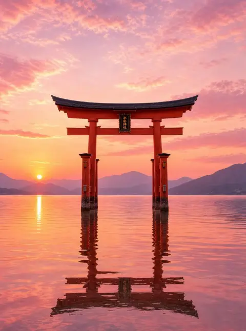 A lone vermilion torii gate standing in calm water at sunset, mountains in the distance, mirror reflections…