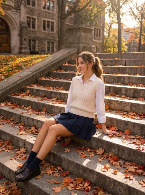 Preppy Korean school-inspired fashion editorial: a model in a pleated tennis skirt, cable-knit vest and loafers on old u