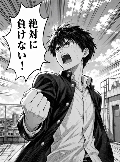 Black and white manga page panel with screentone: a high school boy shouting on a rooftop…