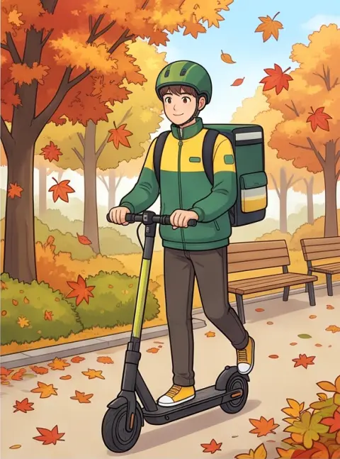 Korean webtoon style, clean line art, soft cel shading: a delivery boy on a scooter in an autumn park