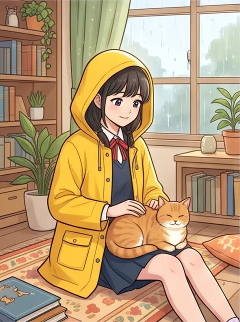 Korean webtoon style, clean line art, soft cel shading: a schoolgirl with a yellow raincoat in a cozy room with a cat