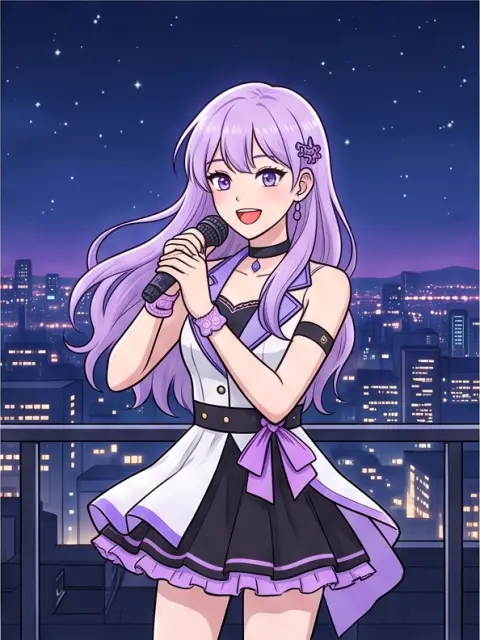 Korean webtoon style, clean line art, soft cel shading: an idol girl with lavender hair on a rooftop at night