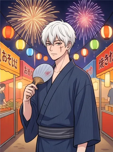 Korean webtoon style, clean line art, soft cel shading: a cool boy with white hair and a scar at a summer festival with