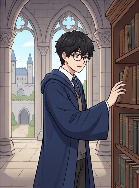 Korean webtoon style, clean line art, soft cel shading: a boy with messy black hair and glasses in a fantasy castle hall