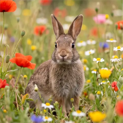 A rabbit in a flower field, wildlife photography, sharp detail
