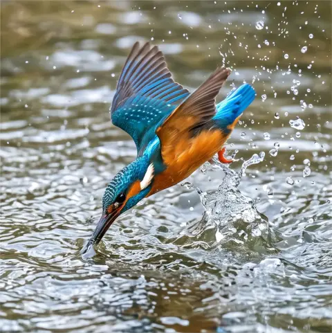 A kingfisher diving, wildlife photography, sharp detail