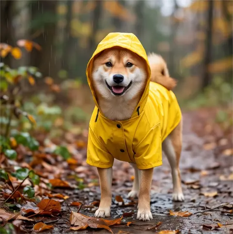 A shiba inu in a yellow raincoat, wildlife photography, sharp detail