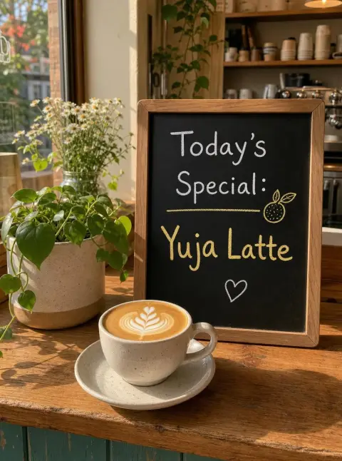 Cosy café counter with a chalkboard that says "Today's Special: Yuja Latte" in neat hand lettering…