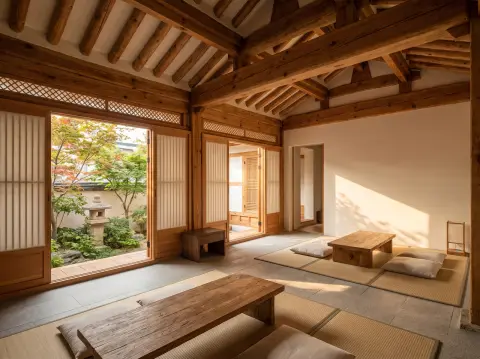 Modern hanok living room with exposed wooden beams, hanji paper doors slid open to a small courtyard garden, low floor s
