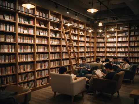 Bookstore café in Taipei with floor-to-ceiling wooden shelves, a ladder, armchairs and warm pendant lights, people readi