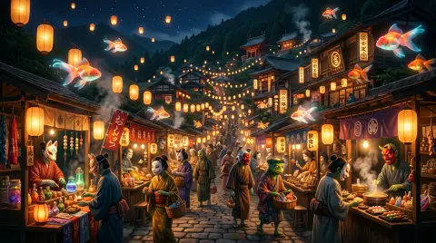 Enchanted night market of spirits in a mountain village, masked yokai vendors, floating lanterns, glowing goldfish in th
