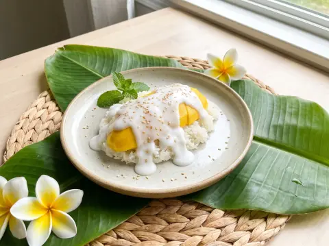 Food photography: a Thai mango sticky rice plate with coconut cream drizzle and sesame, tropical leaves…