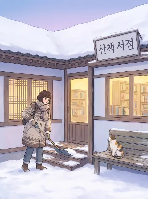 Korean webtoon healing slice of life of a young woman shovelling snow from the doorstep of her tiny countryside…