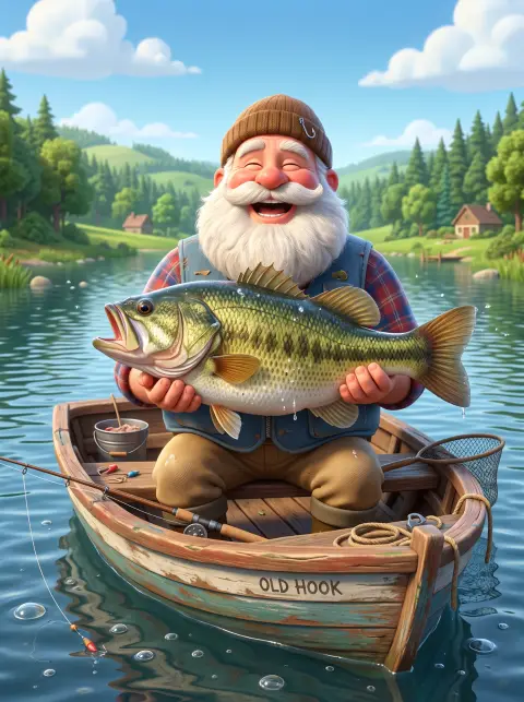 3D cartoon grandpa fisherman with a big white beard holding a huge fish, sitting on a little boat, cheerful animated sty