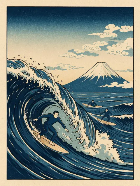 Ukiyo-e style woodblock print of surfers riding a great wave off the Shonan coast with Mount Fuji in the distance, indig