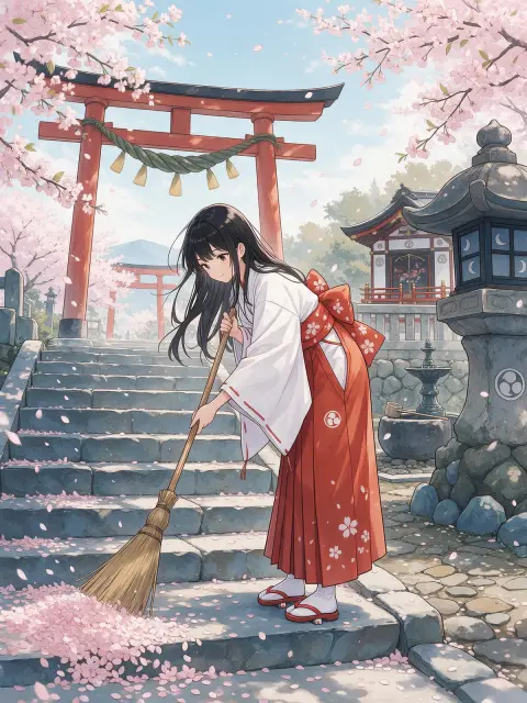 Anime-style shrine maiden in red and white miko robes sweeping cherry petals on stone shrine steps, torii gate behind, s