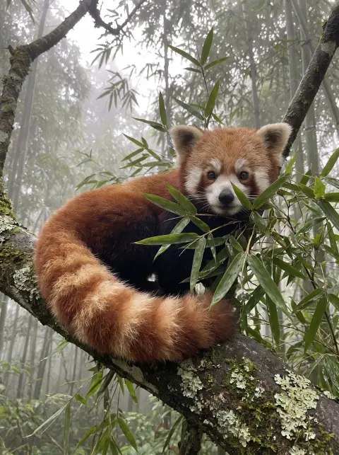Red panda resting on a tree branch in a misty bamboo forest, fluffy striped tail hanging down, curious face, soft green