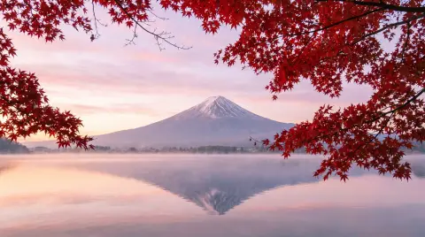 Mount Fuji reflected in Lake Kawaguchi on a still autumn morning, red maple leaves framing the foreground, thin mist on
