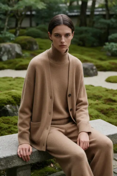 Minimalist luxury knitwear campaign: a model in a camel cashmere set sitting on a stone bench in a Kyoto moss garden, so