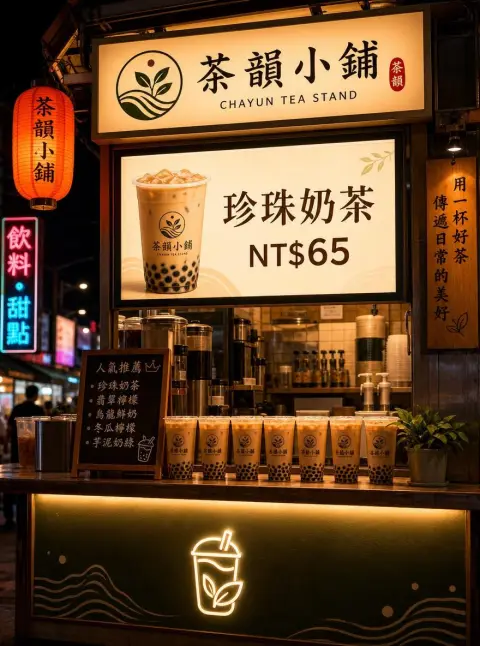 Taiwanese bubble tea stand at night with a lit menu board reading "珍珠奶茶 NT$65…