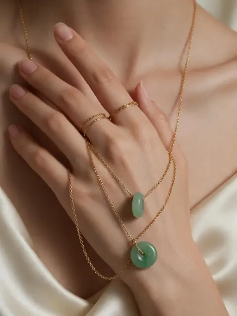 Luxury jewelry editorial: close-up of a model's hand and collarbone wearing layered gold chains and a jade pendant, soft