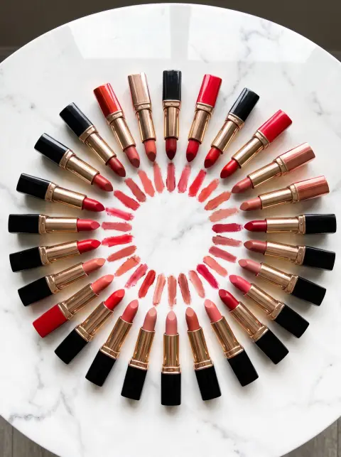 Lipstick collection arranged in a fan shape on a marble surface, caps off, swatches of red, coral and nude, top light, l