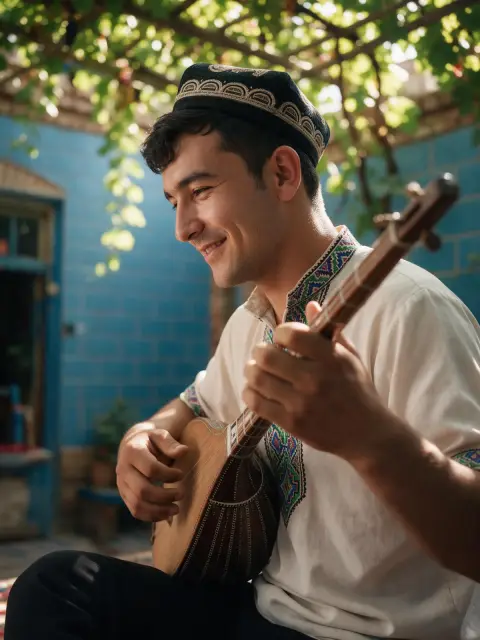 Young Uyghur musician playing a dutar in a sunlit courtyard with blue-tiled walls and grapevines overhead, dappled light