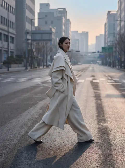 Editorial fashion photo of a Korean model in a sculptural oversized ivory wool coat walking across an empty Seoul crossw