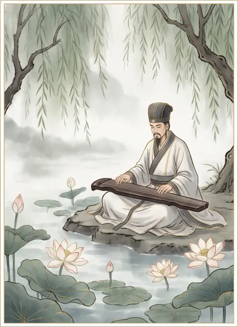 Chinese guofeng digital painting of a scholar playing guqin by a lotus pond, ink wash textures with fine gold lines, eth