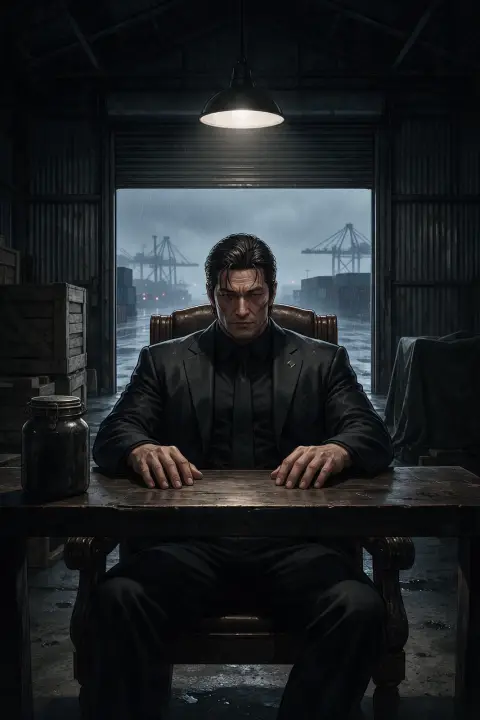 Webtoon noir: a gangster boss in a black suit sitting in a dim Busan port warehouse, rain outside, cold menacing stare,