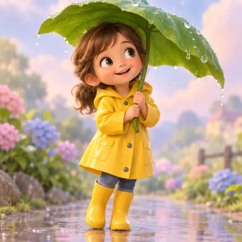 Cute 3D character of a little girl in a yellow raincoat and boots holding a leaf as an umbrella, Pixar-style rendering, 