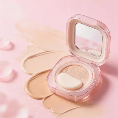 Cushion compact foundation with the mirror open, swatches of creamy beige texture smeared on a blush pink background, so