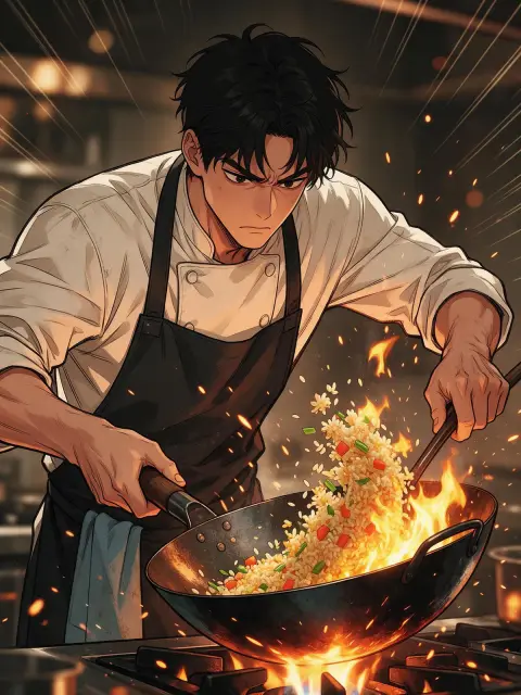 Webtoon cooking manhwa: a young chef tossing flaming fried rice in a wok with sparks flying, intense focus, warm kitchen
