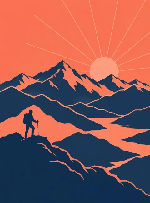 Minimal line art poster of a mountain range at sunrise with a single hiker, two-tone coral and navy, clean geometric com