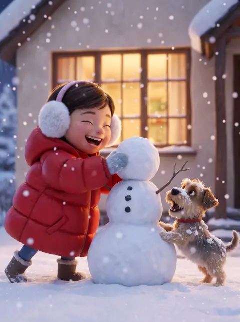 3D animated film style render of a little girl in a puffy parka and earmuffs building a lopsided snowman with her small 